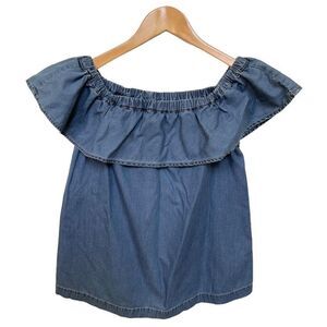 Chelsea28 Chambray Denim Ruffle Top Off the Shoulder Blouse Blue womens size xs